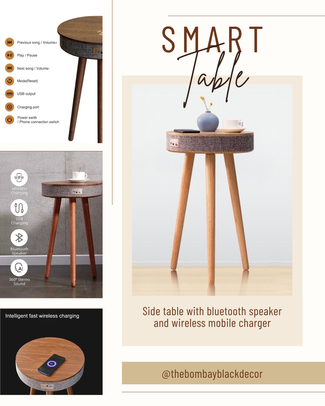 SIDE TABLE WITH BLUETOOTH SPEAKER AND WIRELESS MOBILE CHARGER