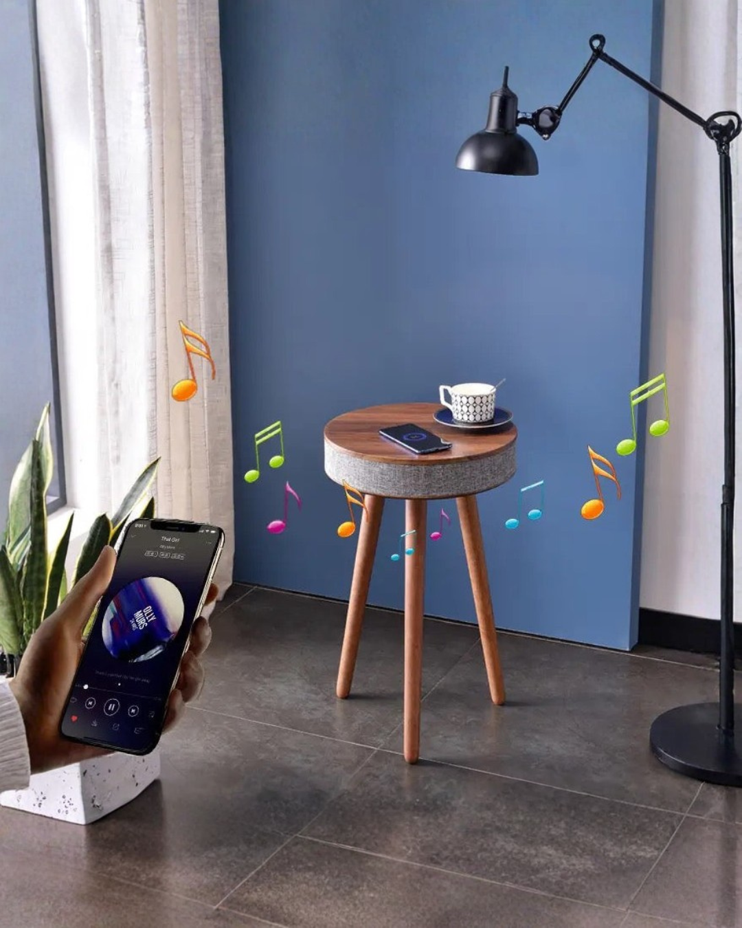 SIDE TABLE WITH BLUETOOTH SPEAKER AND WIRELESS MOBILE CHARGER